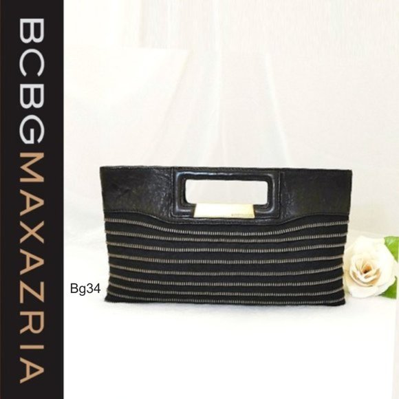 BCBGMaxAzria Brown Black Clutch Genuine Leather Trim Elegant Gold Zipper Design - Picture 1 of 11
